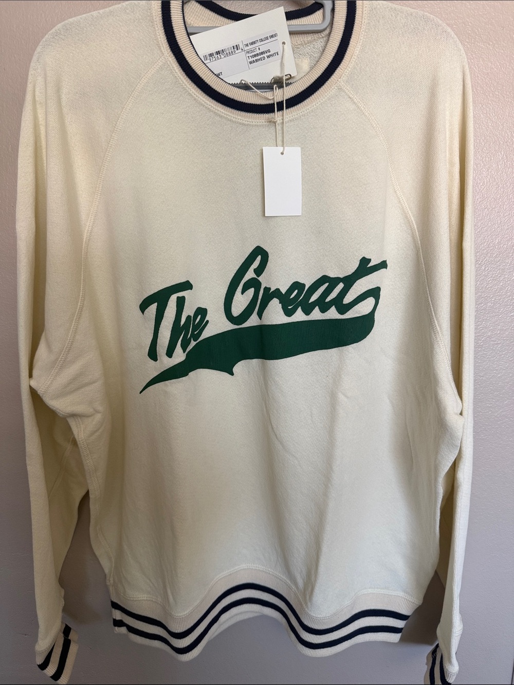 THE GREAT Cream Sweatshirt with Green Script Logo and Navy Trim